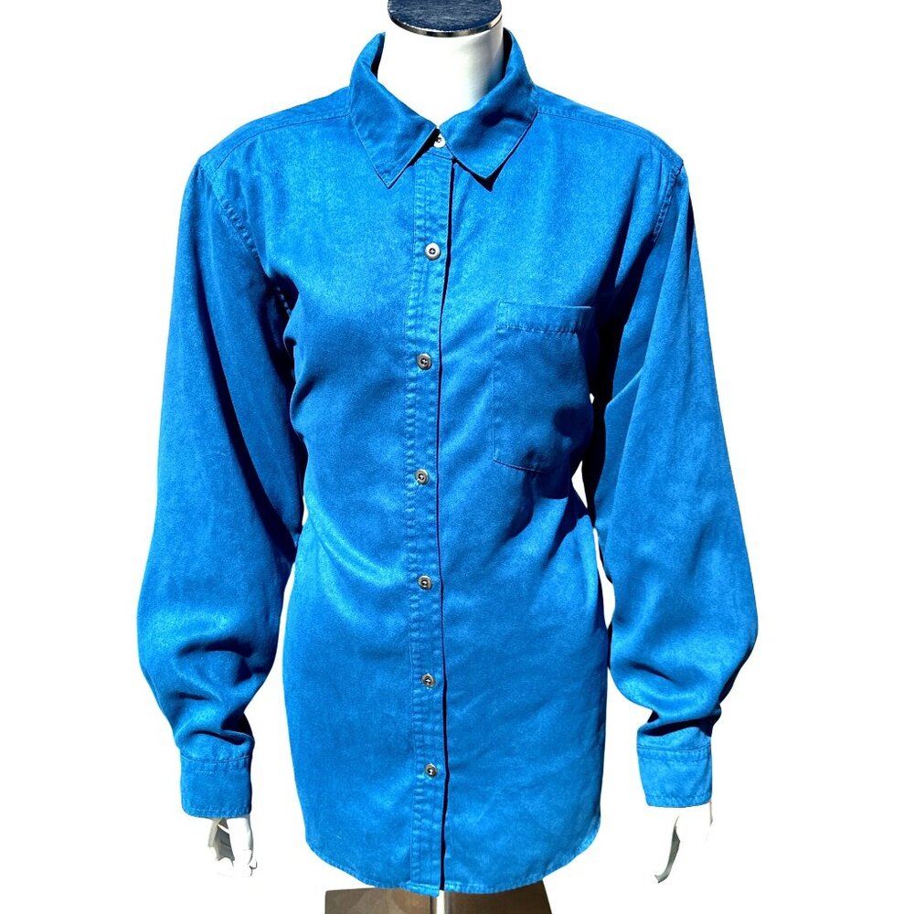 Chicos Design Vintage Aqua Blue Button Up Tunic Shirt Long Sleeve Faux Suede 1